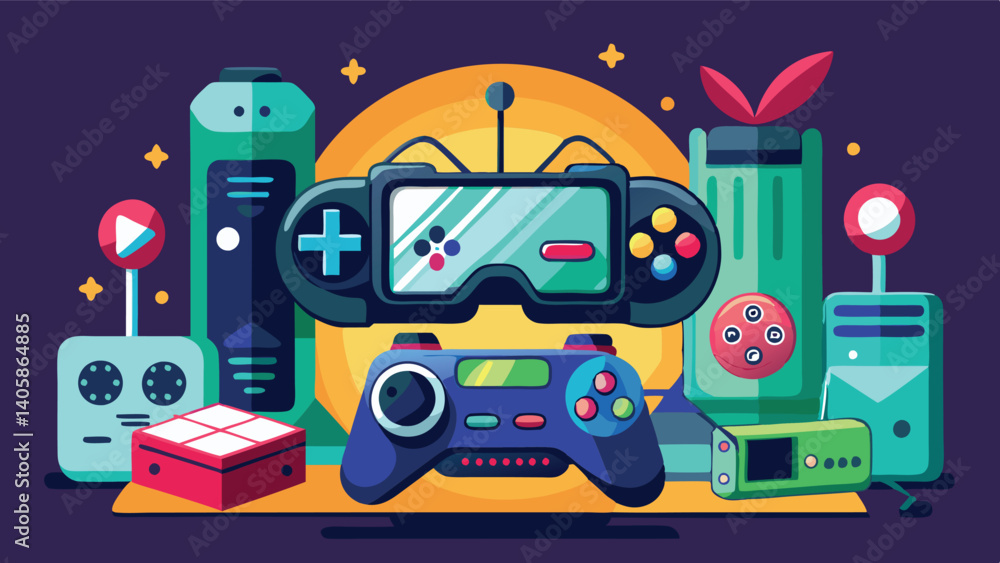 Aufkleber Vector illustration showcasing various gaming devices and accessories in a colorful layout with playful design elements