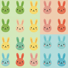  a digital illustration featuring cute, colorful bunny faces arranged in a 4x4 grid on a pastel background. Each bunny has a round, smiling face with simple black eyes and blush marks.