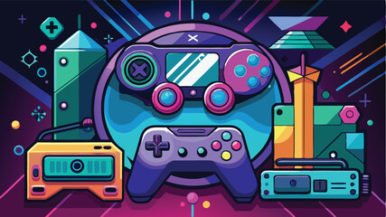 Vector illustration showcasing various gaming devices and accessories in a colorful layout with playful design elements