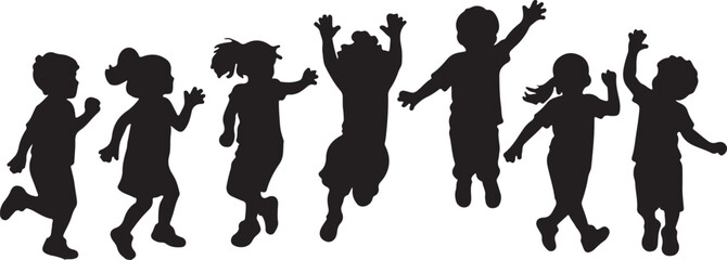 Children Silhouettes on Transparent Background: Black Vector Kids Playing and Jumping