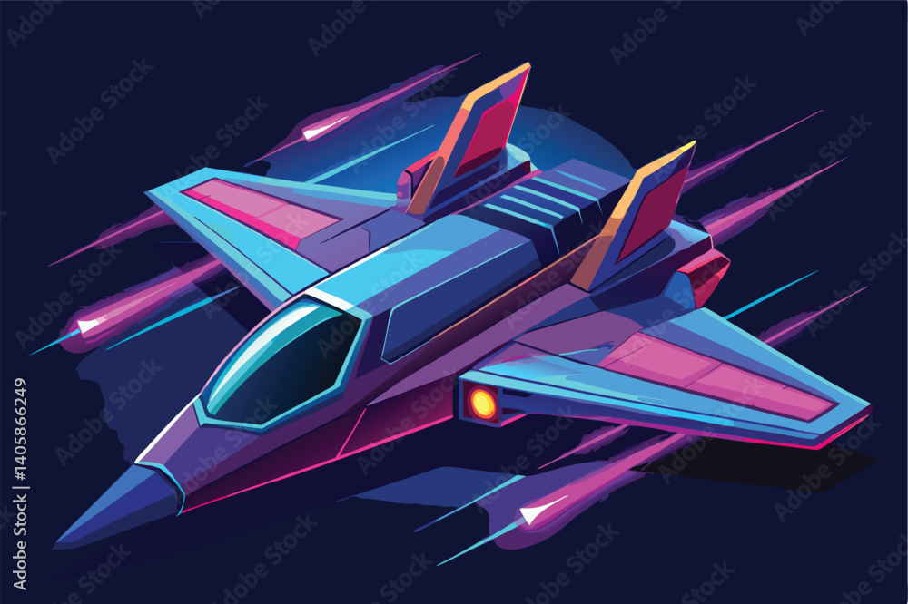 Poster futuristic vector illustration of a sleek fighter jet in mid-flight showcasing vibrant colors and dy