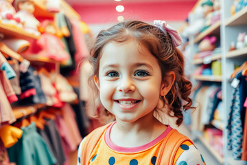 Fototapeta premium Smiling Child Exploring Colorful Kids' Clothing Store