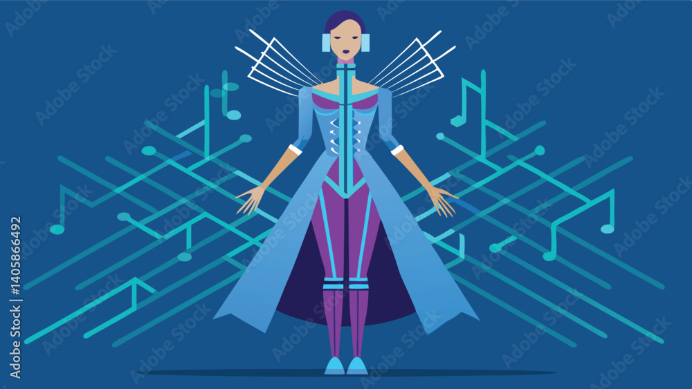 Poster stylized figure in futuristic attire engages with musical elements in a vibrant digital environment