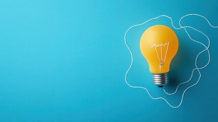 A vibrant yellow lightbulb rests on a turquoise background, outlined by a delicate white string forming a cloud shape. It evokes creativity and innovation