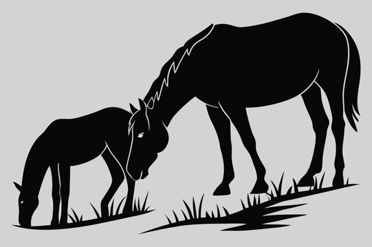 black horses grazing on grass, minimalist style clip art preview
