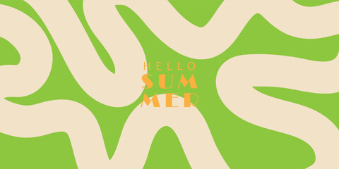 Summer horizontal abstract background with hand drawn wavy lines and typograpy. Modern art minimalist design template for web banner, sales, horizontal poster, vector