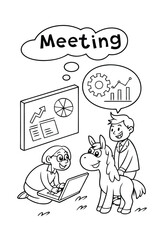 Business Cartoon Meeting With Laptop And Unicorn Outlined In Black And White