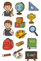 Colorful school-themed cartoon stickers set, PNG with transparent background