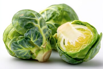 Fototapeta premium Close-up of fresh green Brussels sprouts on a white background.