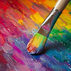 Obraz premium Creative Spark Artists paintbrush hovering over a blank canvas splashed with rainbow colors dynamic composition studio lighting with soft shadows vibrant contrast square metaphor for creativity