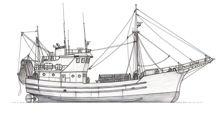 Fishing boat design grayscale illustration