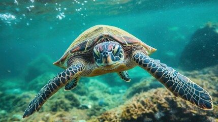 Fototapeta premium Underwater close-up of a sea turtle swimming near a coral reef
