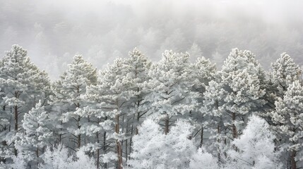 Winter forest background of frosted pines soft snow blanketing the ground crisp air and subdued light creating a quiet magical seasonal scene