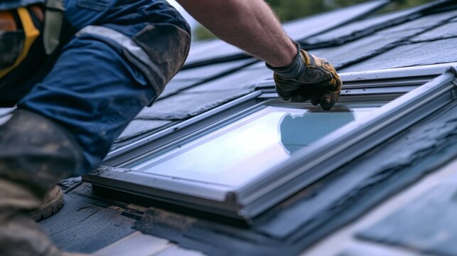 Roofing worker replacing a damaged skylight on a roof. Featuring care and expertise