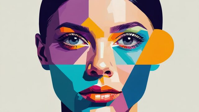 A vibrant painting of a woman's face featuring multiple colors and textures.