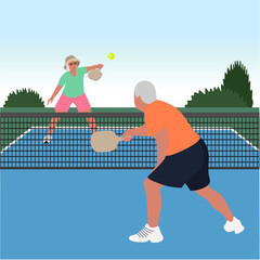 Adults play pickleball outdoors. Vector illustration of pensioners playing pickleball. Leisure in retirement.	