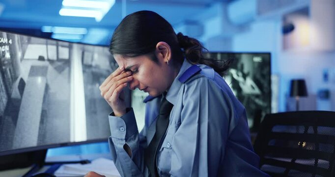 Stress, headache and woman by computer for surveillance in control room with CCTV footage. Migraine, burnout and tired female supervisor with security cam on technology in data center at night.