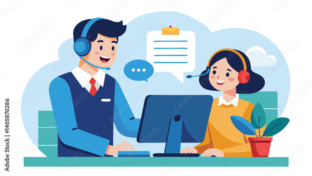 Poster customer service representatives collaborating in a friendly office atmosphere during business hours