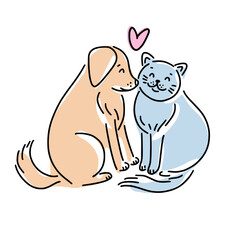 Vector drawing of hand drawn cat and dog friends in doodle style