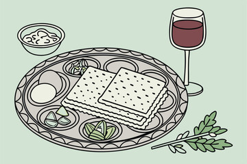 28 Passover Seder plate, ornate silver tray, Matzah, wine glass, Seder symbols, eggs, horseradish, soft teal background, traditional Jewish holiday celebration, high-resolution photography, studio lig