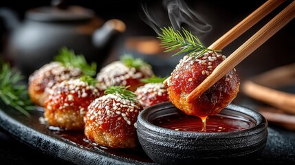 Masterful hand using bamboo chopsticks to grab a flavorful meatball