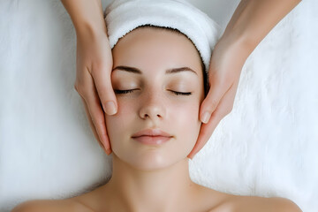 Relaxation and rejuvenation during a facial treatment with gentle hands and serene atmosphere enhancing skin health and wellness