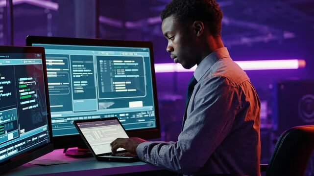 Focused coder at a computer workstation, working with code and running diagnostics in purple lighting