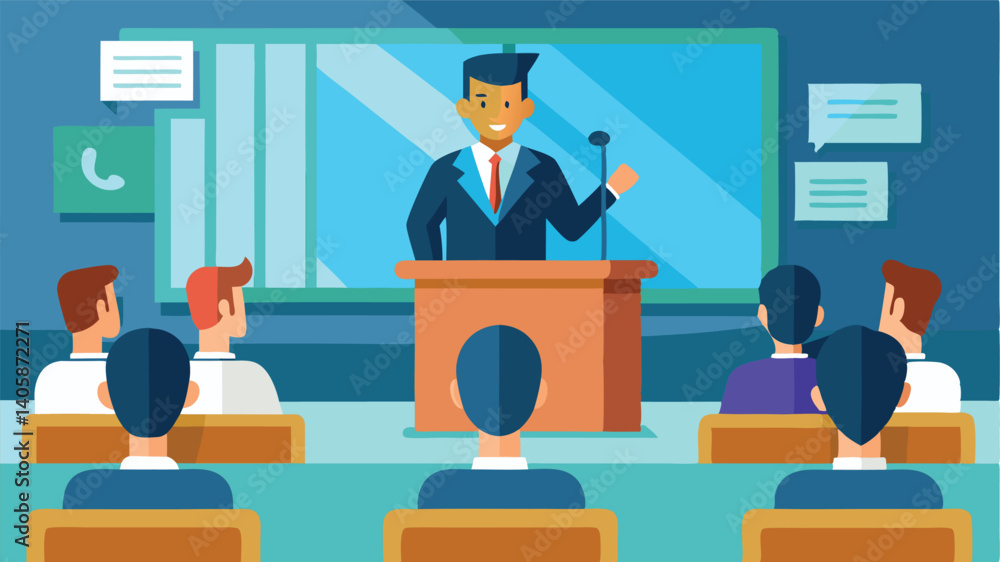 Poster professional speaker giving a presentation to engaged audience in a modern conference room setting w