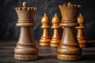 Two chess queens stand on a wooden surface, bishops blurred behind them against a dark grey wall