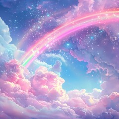 A sky filled with pink clouds and a rainbow stretching across the heavens
