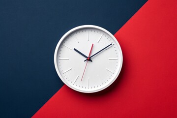 Minimalist White Clock on a Bold Red and Navy Blue Background