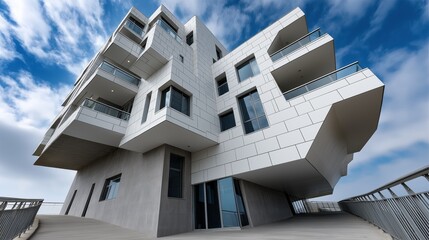 Modern architectural marvel set against vibrant blue sky with ample space for text display