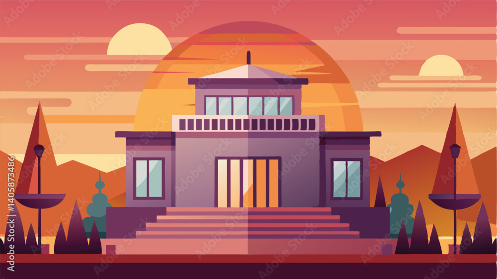 Aufkleber sunset view of a grand building with classical architecture surrounded by trees against a vibrant sk