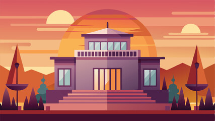 Sunset view of a grand building with classical architecture surrounded by trees against a vibrant sky illustrating a peaceful evening atmosphere