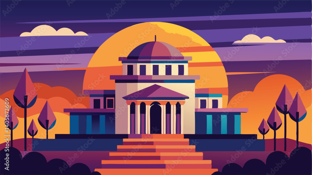 Aufkleber Sunset view of a grand building with classical architecture surrounded by trees against a vibrant sky illustrating a peaceful evening atmosphere