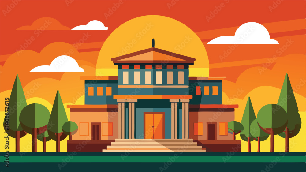 Aufkleber Sunset view of a grand building with classical architecture surrounded by trees against a vibrant sky illustrating a peaceful evening atmosphere