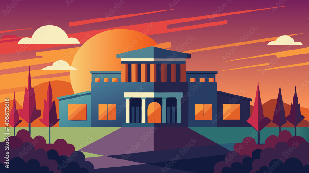 Aufkleber Sunset view of a grand building with classical architecture surrounded by trees against a vibrant sky illustrating a peaceful evening atmosphere