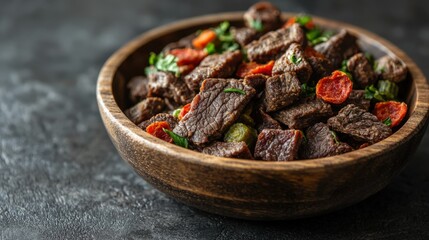 Dehydrated beef and vegetable medallions in a wooden bowl for dogs