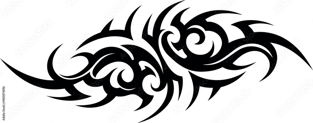 Poster intricate tribal design featuring flowing curves and sharp points in minimal black vector art