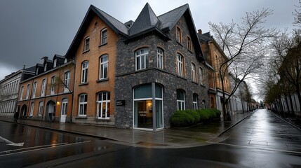 Fototapeta premium Beautiful commercial building in central town showcasing unique architectural features and a dramatic sky