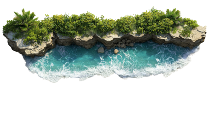 PNG of A serene tropical coastline featuring lush greenery and vibrant turquoise waters, evoking a sense of tranquility.