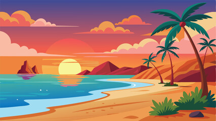Colorful sunset over a tranquil beach with palm trees and gentle waves at a tropical location
