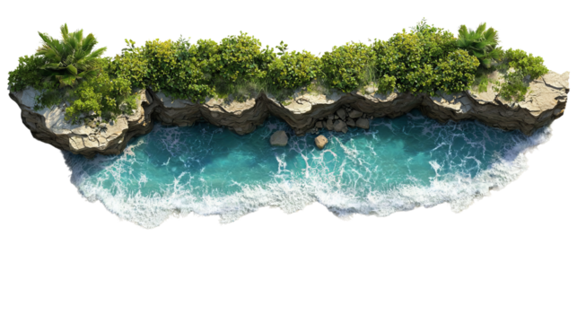 PNG of A serene tropical coastline featuring lush greenery and vibrant turquoise waters, evoking a sense of tranquility.
