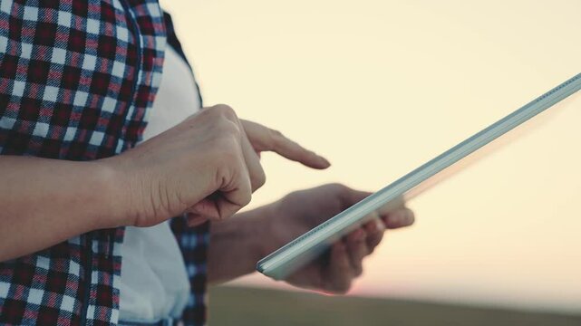Agribusiness technology in the field ipad agricultural control precision agriculture Farmer ipad in cultivated soybean field, applying modern technology in agricultural activity, selective focus.
