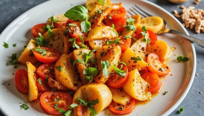 Fresh Tomato and Potato Salad: A vibrant and appetizing salad featuring ripe tomatoes, golden potatoes, and fresh herbs artfully arranged on a white plate.