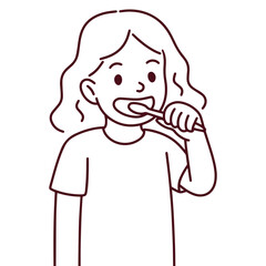 Line art illustration of young girl brushing teeth as part of morning dental care routine
