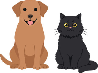 Playful dog and curious cat sitting together in a flat vector illustration