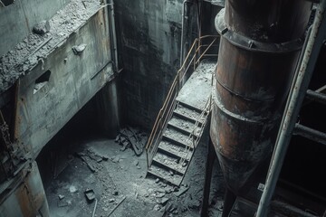 Abandoned industrial interior with rusty tank and metal staircase isolated PNG with Transparent Background