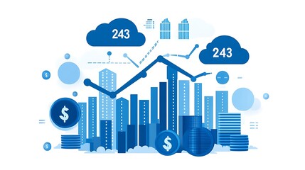 Fototapeta premium Abstract Financial Growth Illustration, Abstract illustration of financial growth with bar graphs, coins, and cloud icons on a blue background