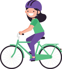 Obraz premium Happy girl riding a green bicycle in a flat vector illustration style